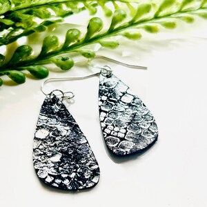 Beautiful black leather snake skin pattern dangle earrings