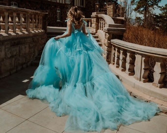 Baby Blue Elsa | RENTAL DRESS | Maternity | Engagement | Photography | Tulle | Corset Back | 10 foot train | Sizes 0-8
