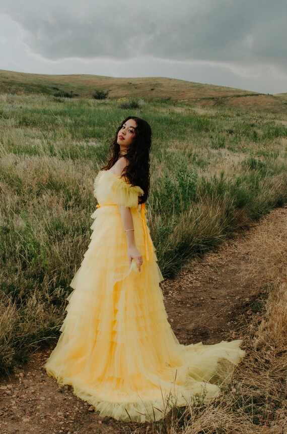 yellow dress for engagement Yellow Ruffle Straps 3D Flower Mermaid Long Prom Dress Yellow / 10 main image 1