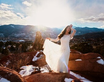White Celine | RENTAL DRESS | Engagement | Styled Shoot | Photography | Photoshoot | Long Sleeves | Low Back | Lace | Sizes 2-4