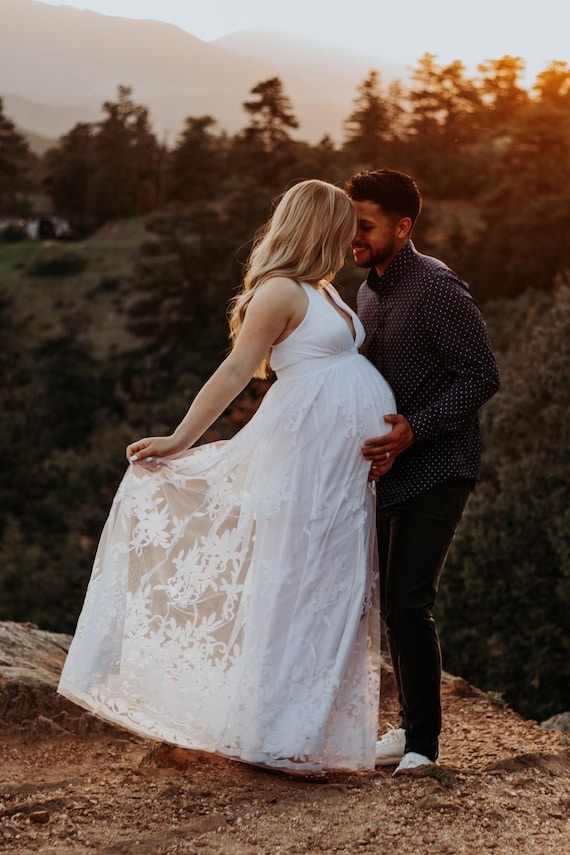 White Lana | Rental Dress | Maternity | Engagement | Elopement | Photography | Photoshoot Dress | Tulle Gown | Floral Details | Sizes S-M