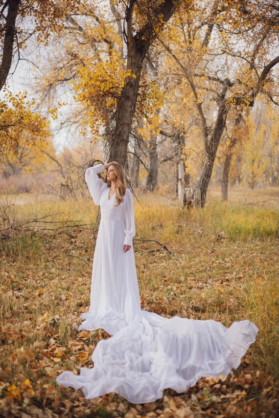 White Serenity | RENTAL DRESS | Engagement | Photography | Long Train | Corset Back | Fashion | Styled Shoot | Puffy Sleeves | Sizes 4-16