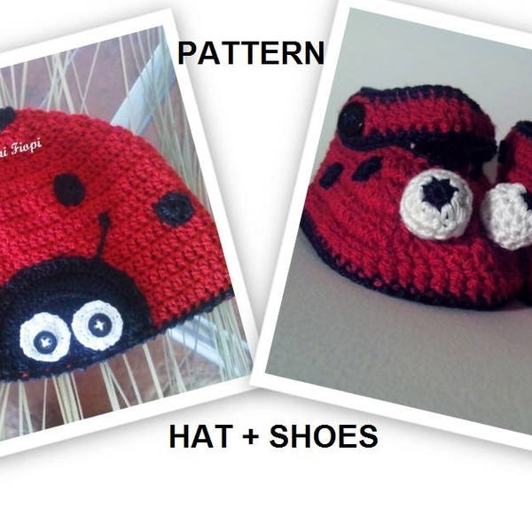 Crochet Baby Ladybug Shoes and hat pattern, crochet set baby pattern, Size 0-12 Months, Pattern crochet baby set. Pattern pdf.