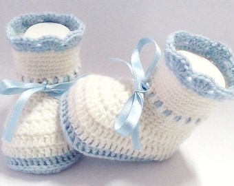 Crochet Baby Booties Pattern, crochet ribbon blue shoes, Pattern Crochet Baby shoes, Crochet Baby boy pattern, Size 0-12 months, Pattern 111