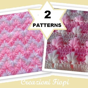 Puede incluir: Dos imágenes que muestran patrones de ganchillo. Una presenta un diseño de chevron rosa y blanco, mientras que la otra muestra un patrón floral texturizado rosa y blanco. El texto "2 PATTERNS" está en un gráfico en forma de estrella.