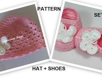 SET - Crochet PATTERN Baby Shoes + Hat, Patterns Crochet Baby Hat Beanie  Baby Girl Infant Babies Pattern Baby Cap Crochet Baby 0-12 MONTHS