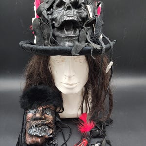 Large size witch doctor voodoo wicked leather skull hat with talisman and shrunken head