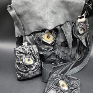 Gruselige gruselige Leder Unisex Augapfel Goth Alternative Punk Tasche mit Brieftasche und Flachmann