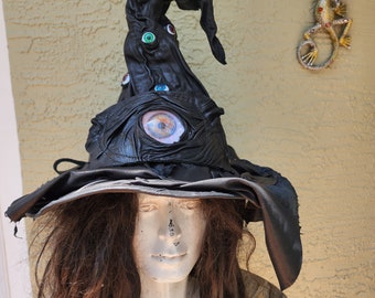 Creepy unisex leather witch wizard hat with eyeballs