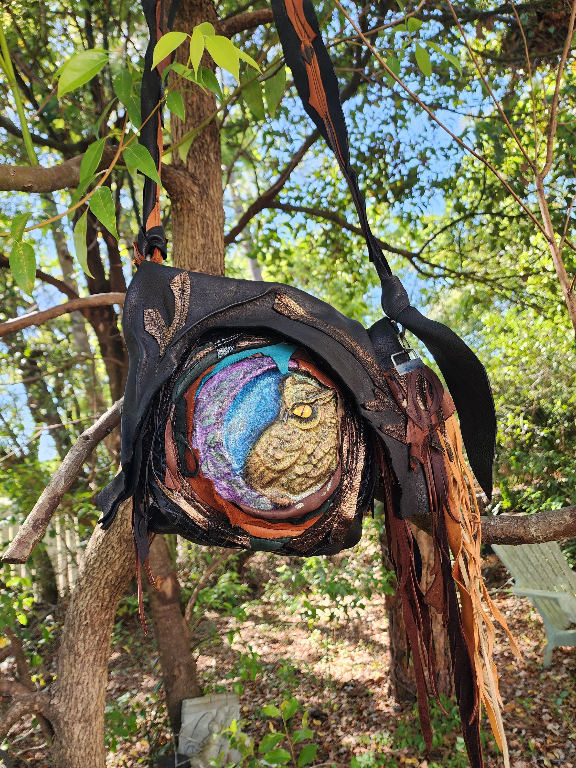 Owl and moon leather bag