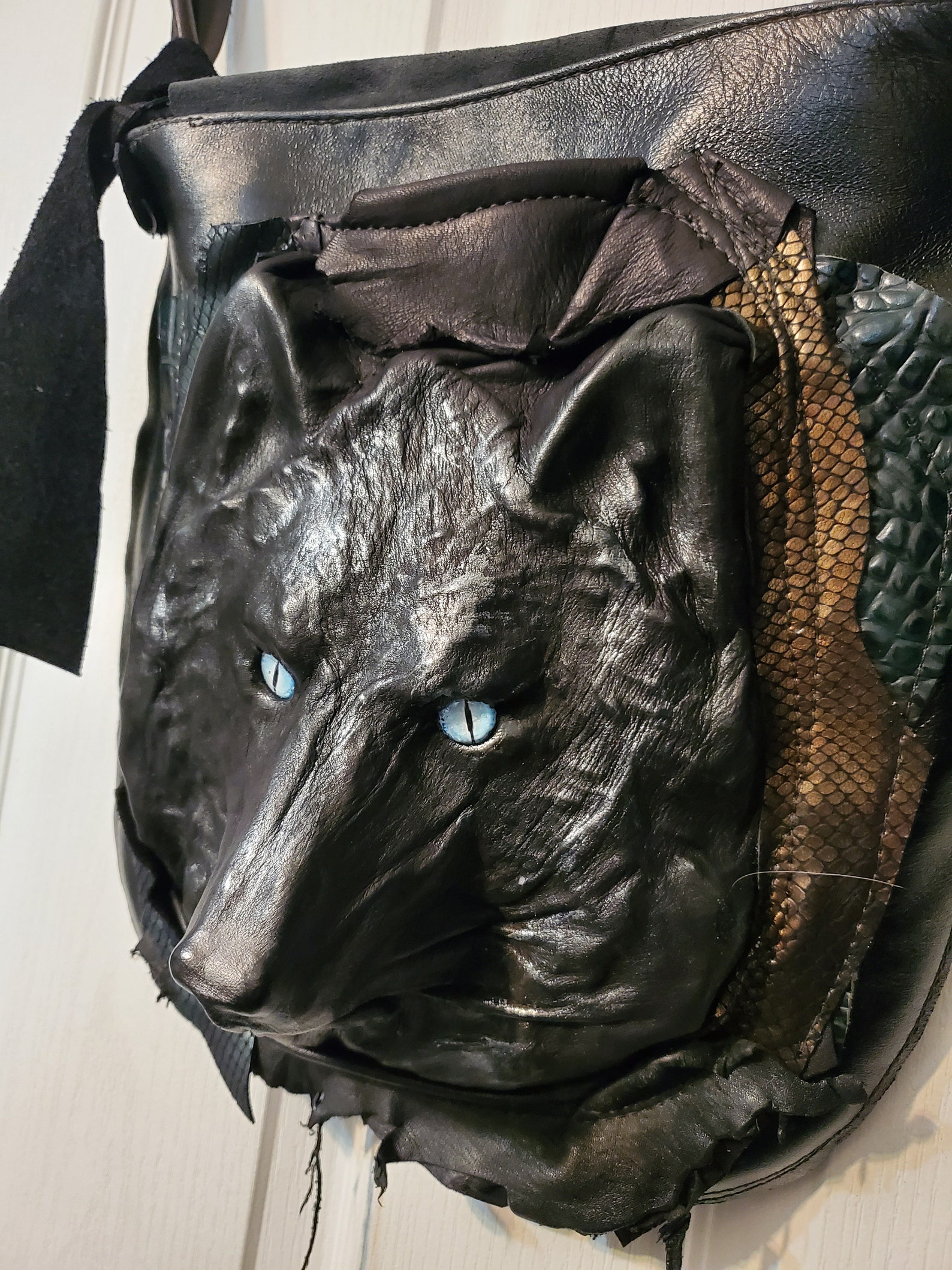 Leather wolf bag with pocket behind face and flask in hidden Etsy