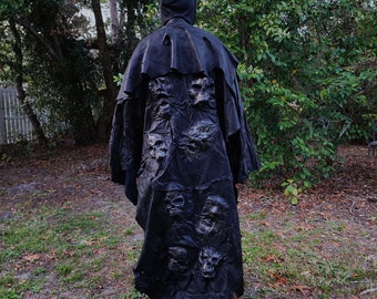 Leather cape cloak of souls necromancer goth reaper unisex Highlighted faces.