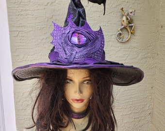 Black and purple leather witch hat with removable dragon eye