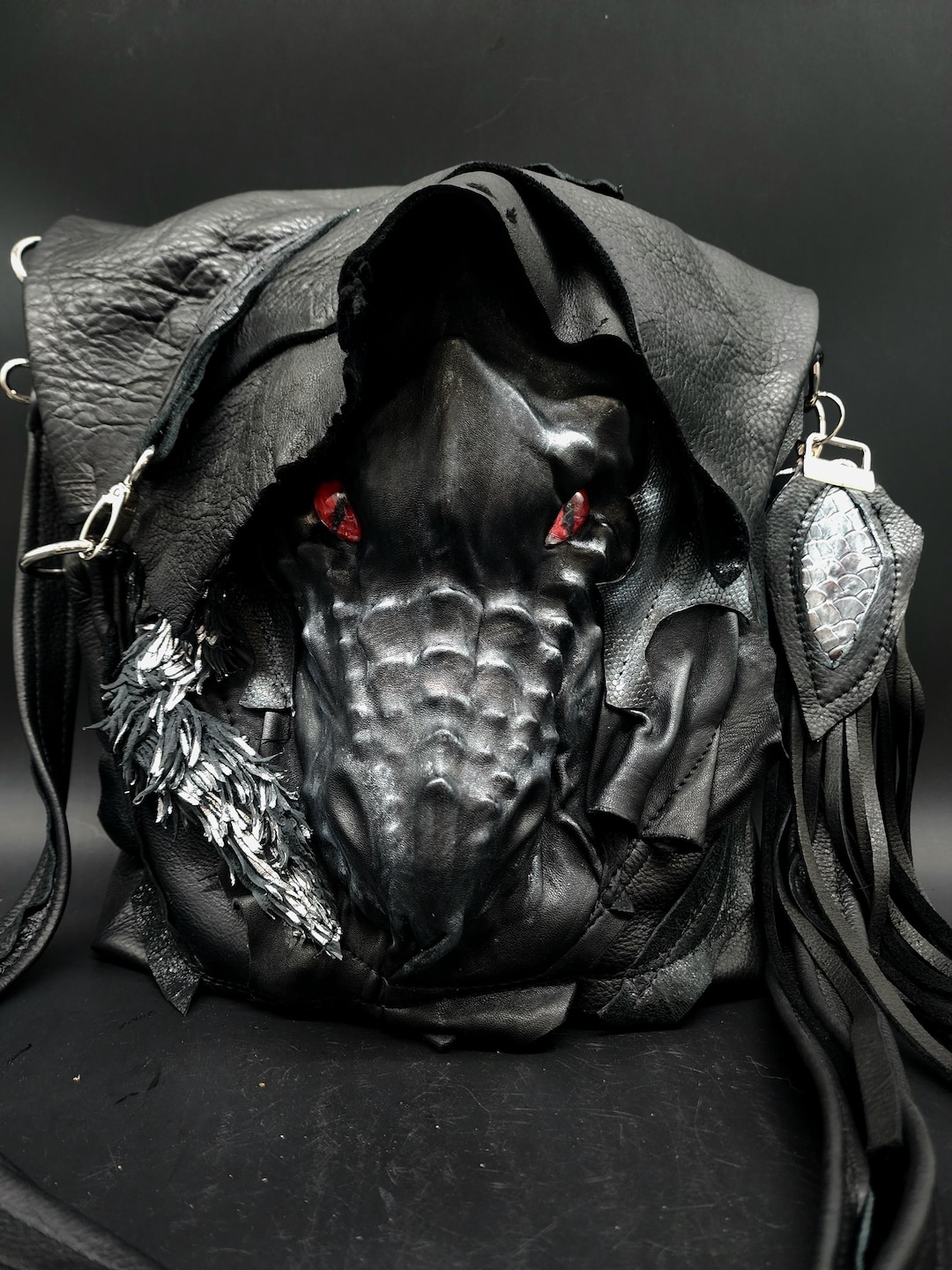 black leather dragon backpack for sale in Trunk Bag-Backpack Bob Basset Black vegan faux snakeskin leather and denim backpack Silver D NWT EXCLUSIVE* Loungefly Black Gold
