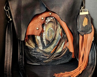 Leather boho/backpack bag with labradorite stone