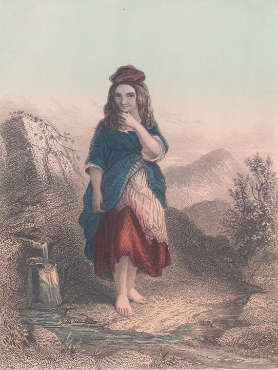 Originaler Stahlstich von Payne um 1850 Die Näherin