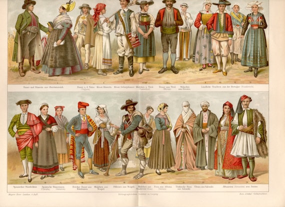124 yrs old fine print Catalan Folk Dresses Tirolian Hungarian 1897 NATIONAL COSTUMES Antique Lithograph Traditional Garments Spanish