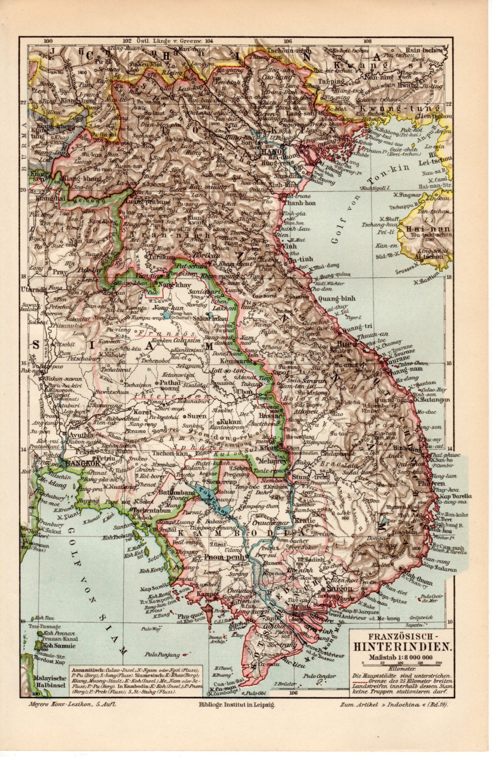 1899 French Indochina Map Indochine Cochinchina Tonkin | Etsy