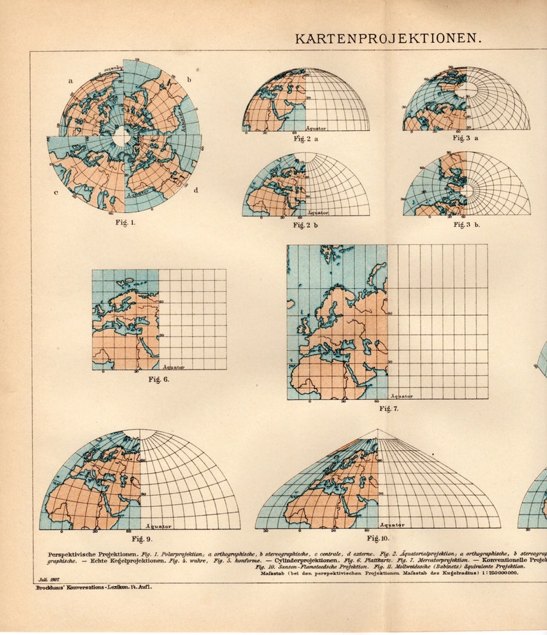 1908 planisfero proiezioni stampa Karteprojektionen mappa Etsy