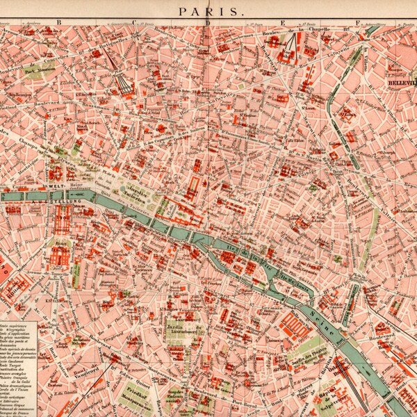 1898 Paris Map Antique Print Vintage Lithograph, France, Seine, Exposition Universelle (1900), Champ de Mars, Trocadéro, Invalides, Eiffel