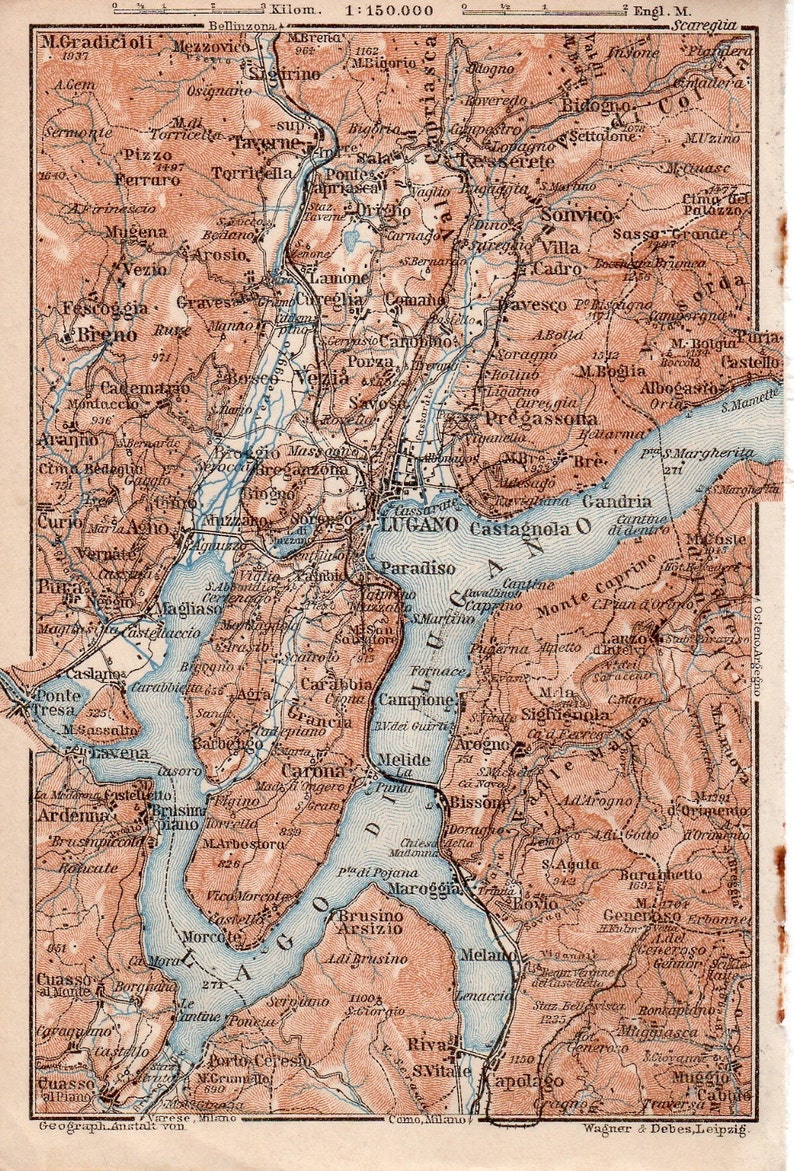 Lago di Lugano 1905 old antique print picture ITALY Lake Lugano Morcote