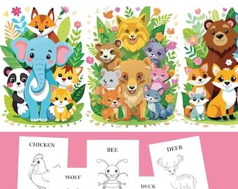 May include: A children's coloring book cover with the text "50 animals coloring book." The image features colorful illustrations of various animals, including a blue elephant, panda, and fox. Below are coloring pages of a chicken, wolf, bee, duck, and deer.