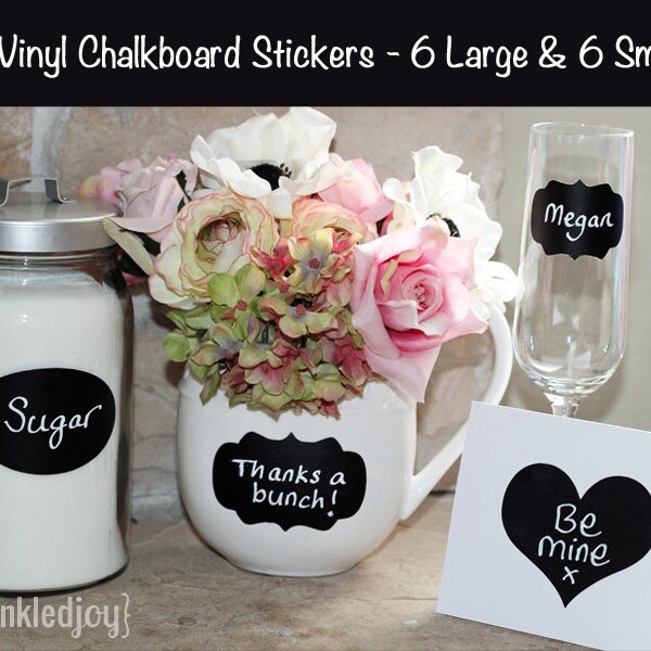 12 Chalkboard Stickers, 6 Large & 6 Small, High Quality Vinyl, 6 Styles