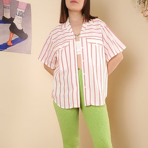 Vintage 80s Red Striped Short Sleeve Shirt S-M image 1