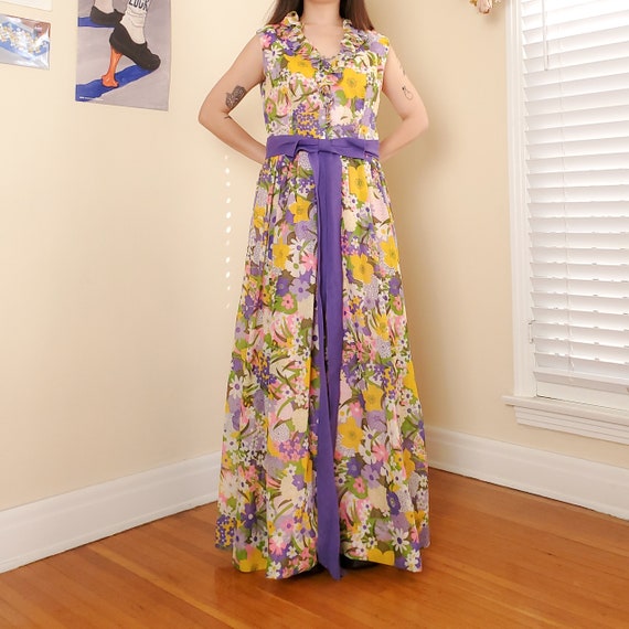 Vintage 60’s Gauze Voile Floral Long Dress (M) - image 5