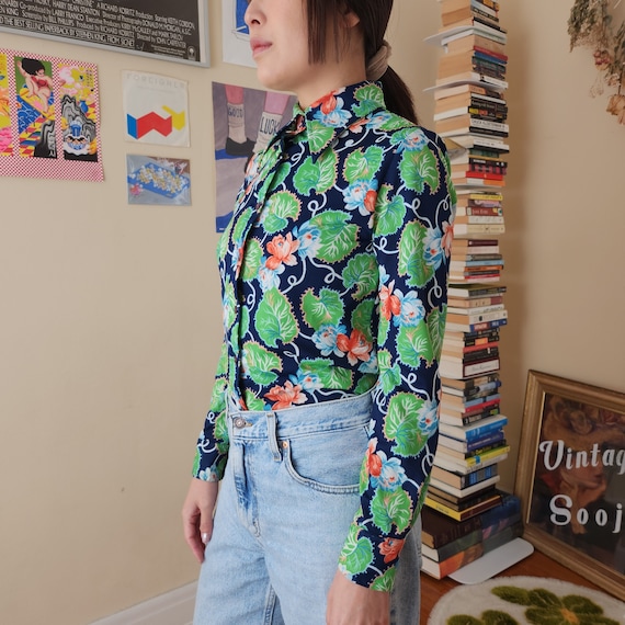 70’s Garden Novelty Print Pointed Collar Shirt Bl… - image 3