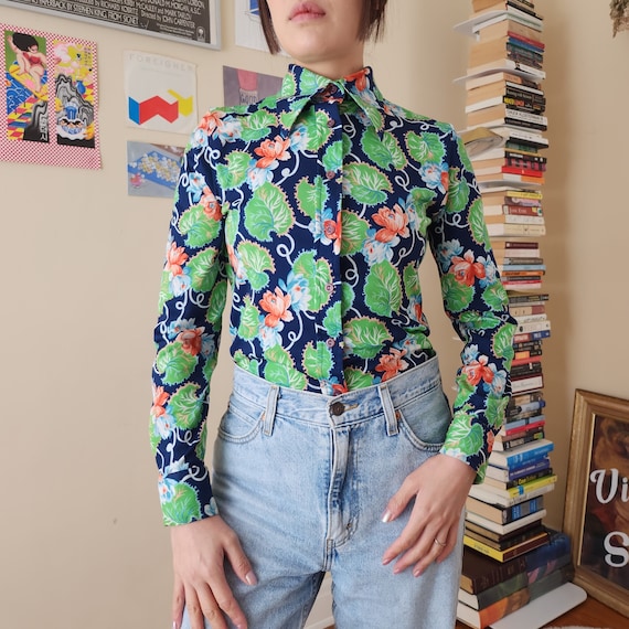 70’s Garden Novelty Print Pointed Collar Shirt Bl… - image 2