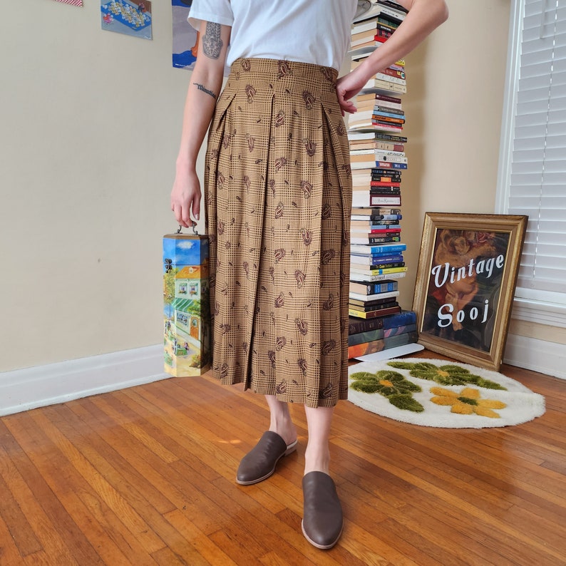 80s Brown Paisly Check Midi Skirt M image 1