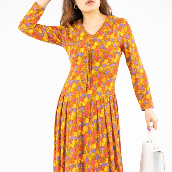 Vintage Orange Floral Print Midi Dress - image 2