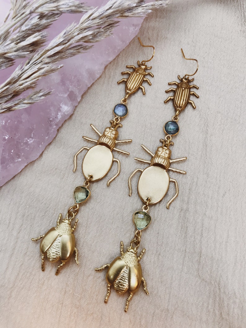 Entomology Bug Earrings With Vintage Brass Scarabs Green Etsy