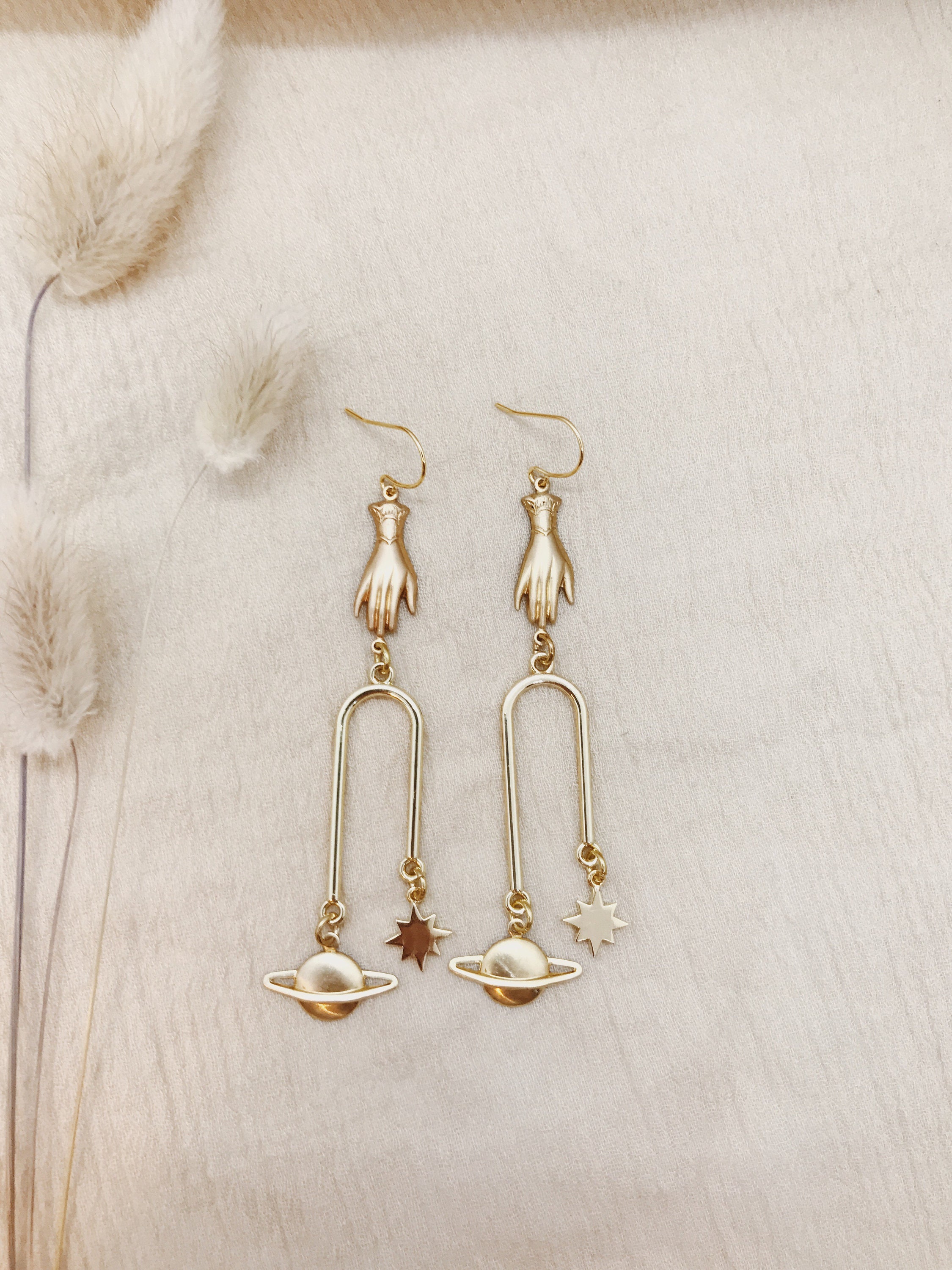 Magic Mobile Earrings, Celestial, Saturn and Star, Hand Earrings