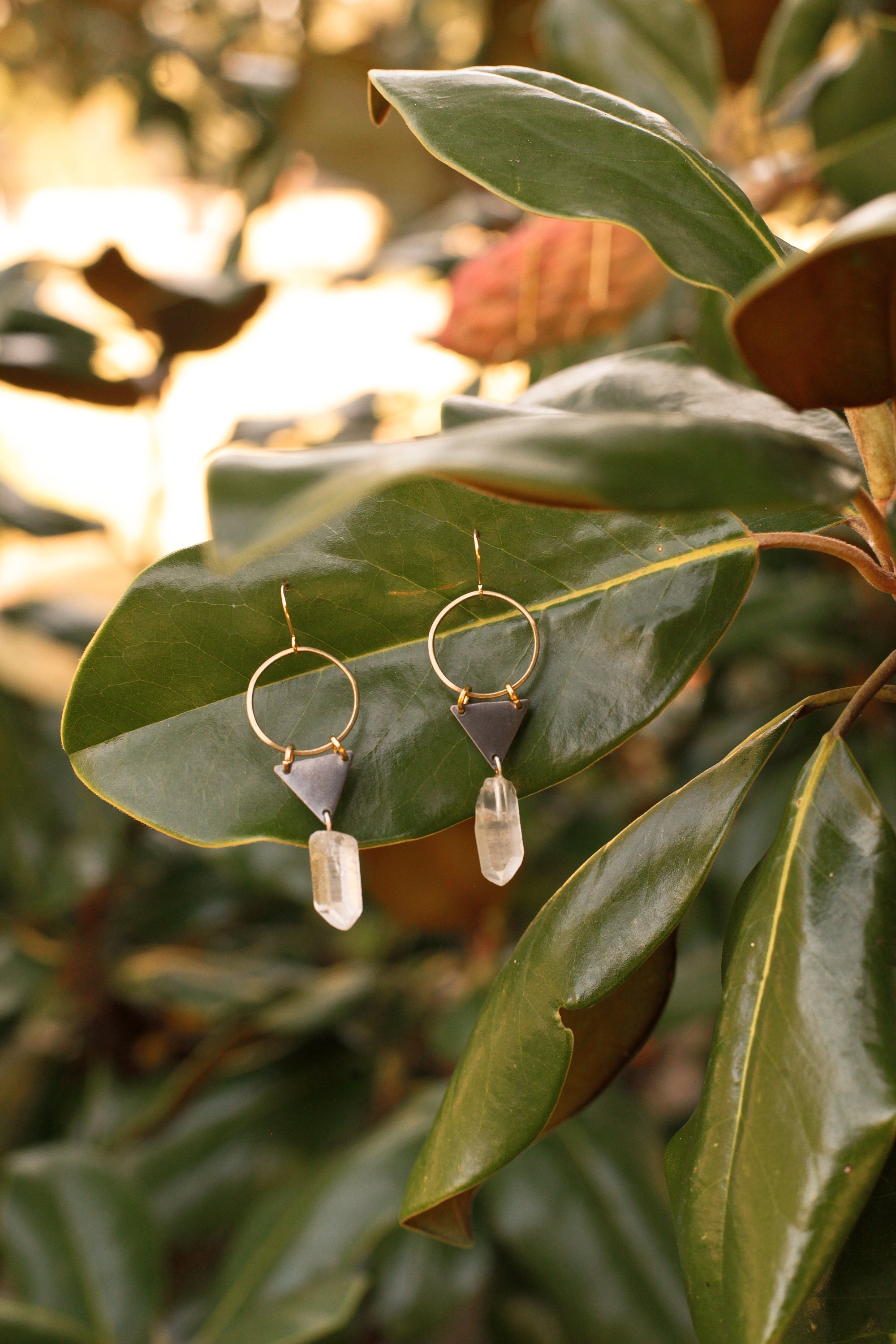 Crystal Triangle Earrings with Vintage Brass Pieces and Quartz Crysta…