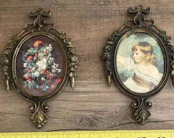 Set of Two (2) Framed Pictures, Made in Italy, Beautiful Vintage Decorated  Frames, 4 x 6”, Bouquet & Young girl, Wall Hook on Back
