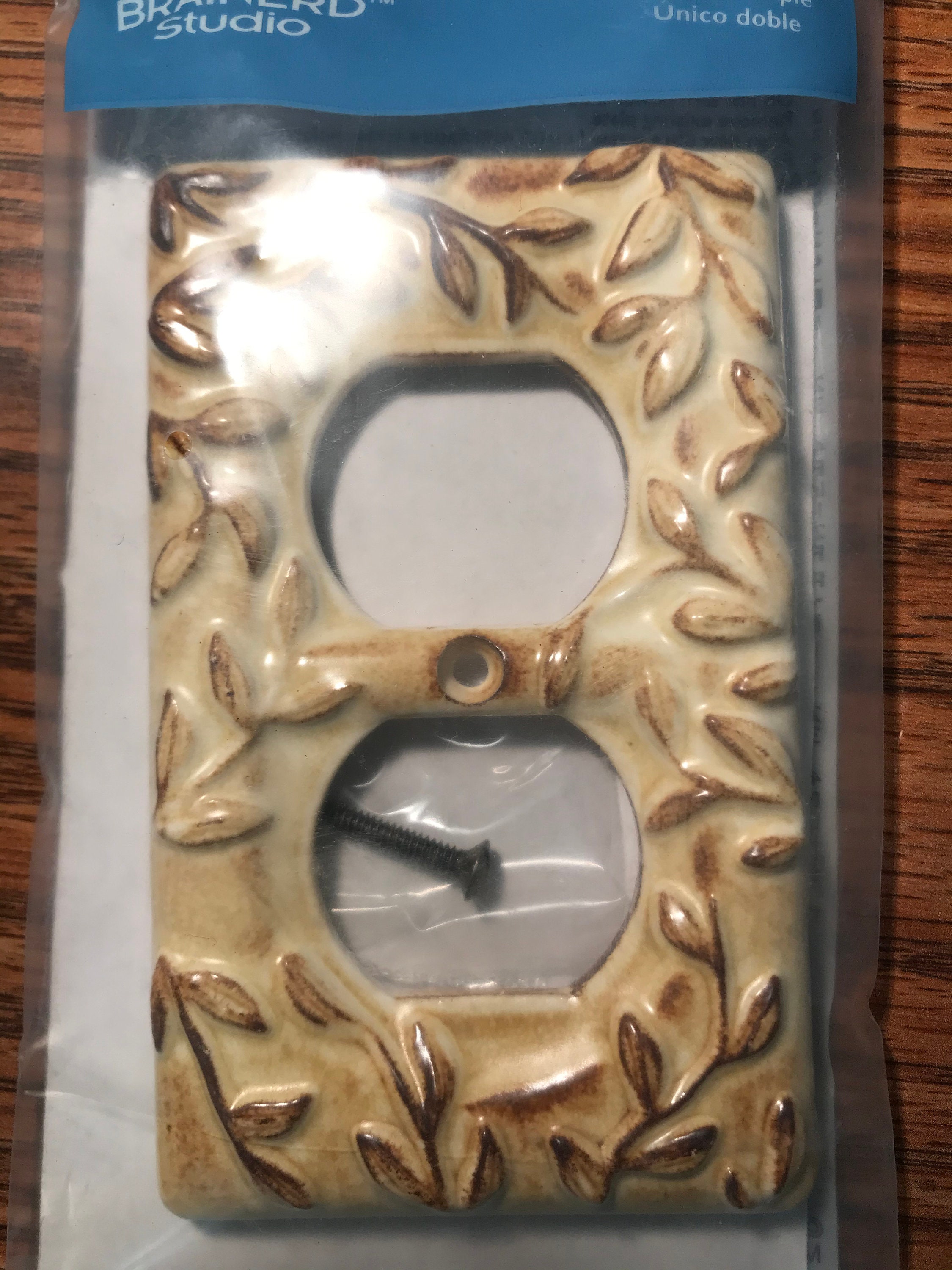 Electrical Outlet plate, Various choices of Ceramic Glass or Metal Rustic  Leaves, Ivory Beige with Light Brown