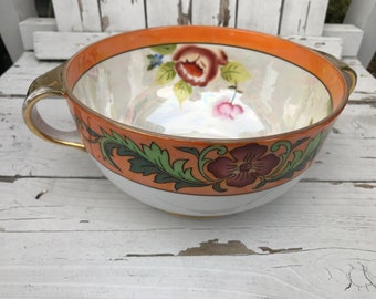 Vintage Hand Painted Serving Bowl, 7” wide, Capacity 6 cups, Made in Japan painted with Multicolored Flowers with 2 Handles with Gold Trim