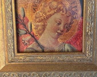 Antique Lithograph Golden Angel, Professionally Framed with hook on back, measures 9 1/2 by 9 1/2” square