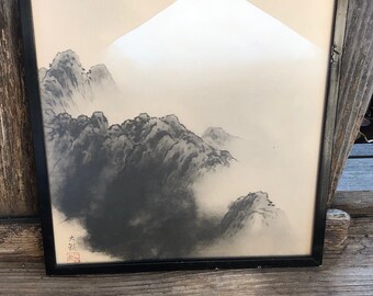 Set of Two (2) Vintage Japanese Pictures, Professionally Framed, Approx. 10”W x 11”H, with Frames, Mt. Fuji and Forest path, Wall Hangings