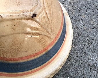 McCoy Era Square Bottom, Pie Crust Edge 9 1/2” Mixing Bowl, Yellow w Pink & Blue Stripes, Great vintage condition, Natural Patina w Crazing