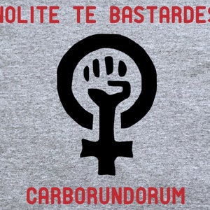 May include: A gray t-shirt with a black feminist symbol and the text "NOLITE TE BASTARDES CARBORUNDORUM" in red.