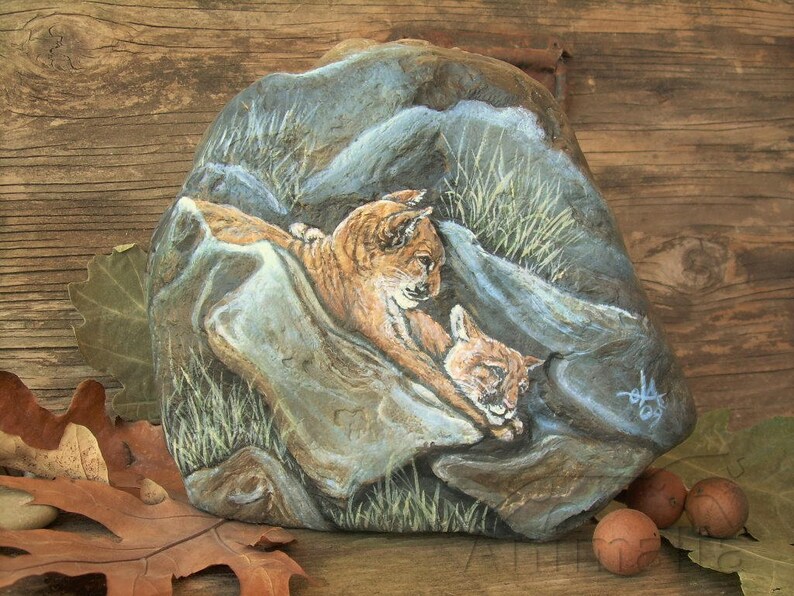 Mountain lions painting stone cougars rock painting art Etsy