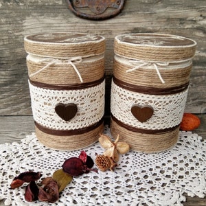 Ensemble de pots rustiques en verre recyclé avec couvercle décoré de ficelle et dentelle de coton, meuble de cuisine maison de campagne campagne chic