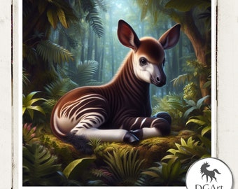 Okapi stampa IA, stampa animali della giungla, stampe per bambini okapi arte IA formato quadrato 20x20 cm, animali arredo camera dei bambini