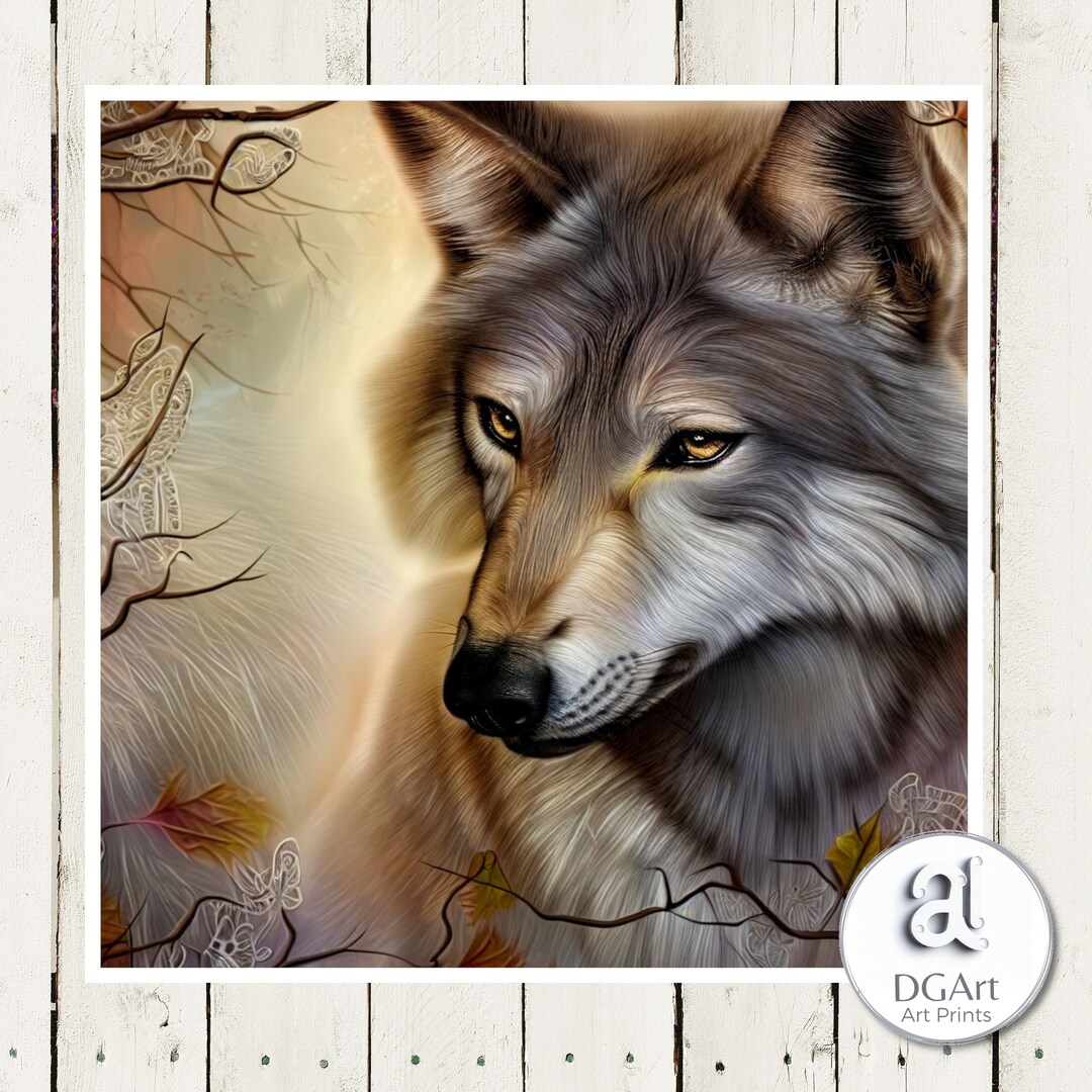 European Wolf AI Art Print, Autumn Wolf Wall Art, AI Wolf Canvas Print, Fantasy Wolf Spirit