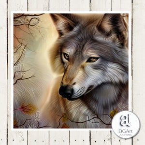 European wolf AI art print, autumn wolf wall art, AI wolf canvas print, fantasy wolf spirit animal, wolf art print square size 7,8x7,8 inch