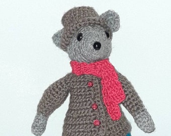 Edwardian dressed mouse. Complete with buttoned coat, hat and scarf. Amagurumi style mouse.