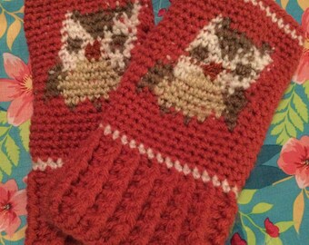 Fingerless mittens, owl mittens, crocheted fingerless mittens, knitted mittens patterned fingerless gloves